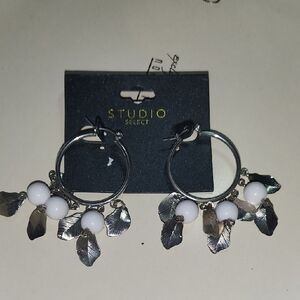 Silver and White Leaf Dangle Earrings
